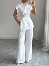 Collared Neck Cap Sleeve Top and Pants Set Off-white OutfitFlow