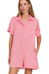 Zenana Tencel Mineral Washed Half Button Shirts Romper DK PINK OutfitFlow