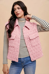 Annie Wear Texture Quilted Snap Down Vest Coat Blush Pink OutfitFlow