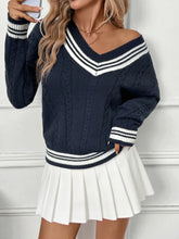 Contrast Striped V-Neck Sweater Dark Blue OutfitFlow