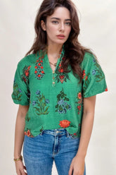 Floral Print Notched Short Sleeve Blouse Dark Green OutfitFlow