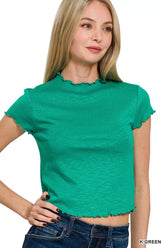 Zenana Cotton Modal Slub Lettuce Trimmed Cropped T-Shirt K GREEN OutfitFlow