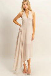 HYFVE Chiffon Halter Asymmetrical Hem Dress CHAMPAGNE OutfitFlow