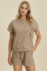 Double Take Full Size Texture Short Sleeve Top and Shorts Set Khaki OutfitFlow