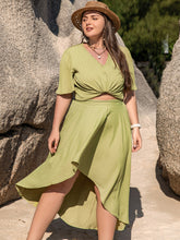 Plus Size V-Neck Half Sleeve Top and High-Low Skirt Set Yellow-Green OutfitFlow