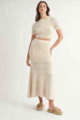 MABLE Pointelle Short Sleeve Crop Top and Slit Skirt Sweater Set Cream OutfitFlow