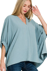 Zenana Woven Airflow V-neck Puff Half Sleeve Top BLUE GREY OutfitFlow