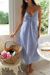 Smocked Back Striped Sleeveless Midi Cami Dress Blue OutfitFlow