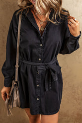 Button Up Collared Neck Denim Dress Black OutfitFlow