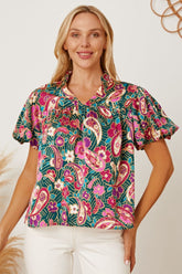 Floral Collared Neck Short Sleeve Blouse Multicolor OutfitFlow