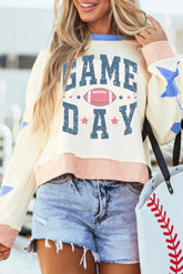 GAME DAY Star Patch Round Neck Long Sleeve Sweatshirt Ivory OutfitFlow