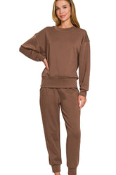 Zenana Scuba Crewneck Pullover & Joggers 2 Pieces Set BROWN OutfitFlow