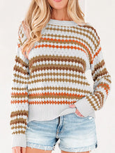 Stripe Eyelet Patterned Drop Shoulder Sweater Multicolor OutfitFlow