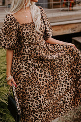 Leopard Square Neck Puff Sleeve Maxi Dress Leopard OutfitFlow