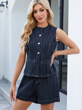 Round Neck Striped Top and Shorts Denim Set Set OutfitFlow
