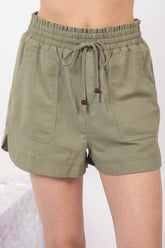 VERY J Drawstring Elastic Waist Linen Shorts Olive OutfitFlow