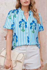 Stripe Floral Notched Neck Puff Sleeve Summer Blouse Pastel Blue OutfitFlow
