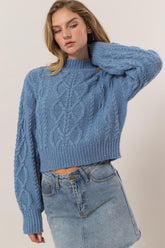 HYFVE Cable-Knit Mock Neck Dropped Shoulder Sweater Gray Blue OutfitFlow