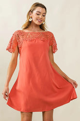 BiBi Crochet Lace Yoke Detailed Wrinkled Dress APRICOT OutfitFlow