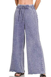 Zenana Acid Wash Fleece Palazzo Sweatpants with Pockets MARLIN OutfitFlow