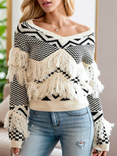 Geometric Fringe Detail V-Neck Sweater Beige OutfitFlow