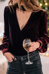 Cutout Long Sleeve Velvet Blouse Burgundy OutfitFlow