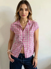 Plaid Cap Sleeve Button-Up Shirt Pink OutfitFlow