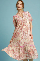 Umgee Full Size Printed Puff Short Sleeve Midi Dress Plus Size PINK MIX OutfitFlow