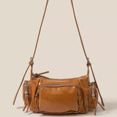 Fame Glossy Faux Leather Multi Pocket Hand Bag DBR One Size OutfitFlow