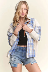 ADORA Button Down Plaid Hoodie Shacket BLUE IVORY OutfitFlow