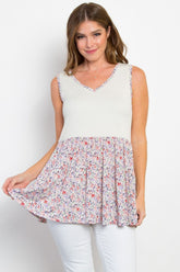 Be Stage Full Size Smocked Printed Peplum Sleeveless Top White OutfitFlow