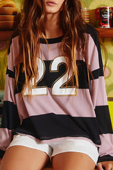 High-Low Color Block Round Neck Long Sleeve T-Shirt Dusty Pink OutfitFlow