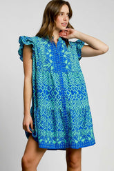 Umgee Full Size Mixed Print Mini Dress Plus Size Blue OutfitFlow