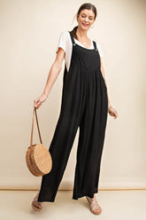 Kori America Full Size Sleeveless Ruched Wide Leg Overalls Black OutfitFlow
