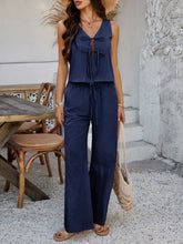 Devine Tied V-Neck Sleeveless Top and Pants Set Dark Blue OutfitFlow