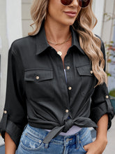Solid Color Collared Neck Long Sleeve Shirt Black OutfitFlow