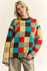 Davi & Dani Color Block Checkered Dropped Shoulder Sweater Brown Multicolor OutfitFlow