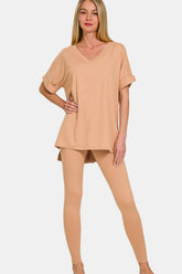 Zenana Full Size V-Neck Rolled Short Sleeve T-Shirt and Leggings Lounge Set DK Brush OutfitFlow