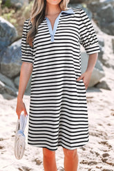 Stripe Contrast V Neck Collared Puff Sleeve T Shirt Mini Dress with Pockets Stripe OutfitFlow