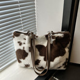 Cow Print Furry Tote Bag Chocolate One Size OutfitFlow