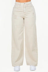 American Bazi High Waist Distressed Wide Leg Jeans Beige OutfitFlow