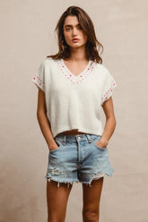 BiBi Knit Solid Contrast Stitch Detail Short Sleeves Sweater IVORY FUCHSIA OutfitFlow