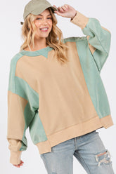 SAGE + FIG Color Block Round Neck Sweatshirt Cookie Green OutfitFlow