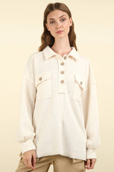VERY J Collared Half Button Knit Top with Pockets Cream OutfitFlow
