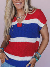 Striped Notched Short Sleeve Sweater Blue Red OutfitFlow