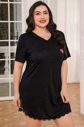 Plus Size Lace Trim V-Neck Short Sleeve Night Dress Black OutfitFlow