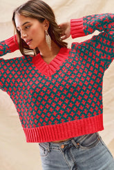 SO ME Color Block Textured Christmas Sweater V Neck Top HUNTER RED OutfitFlow