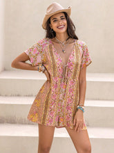 Tied Printed Short Sleeve Romper Khaki OutfitFlow