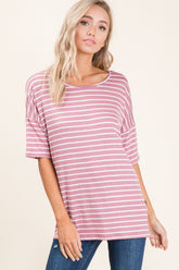 BOMBOM Striped Round Neck Half Sleeve T-Shirt Mauve OutfitFlow