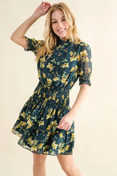 And The Why Floral Print Smocked Waist Mini Dress Hunter Green OutfitFlow